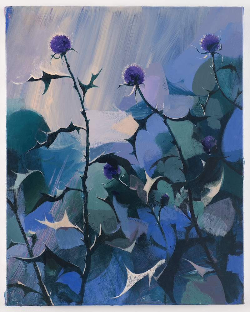 Blue Thistle Flashe and acrylic on canvas 20 x 16” 2023